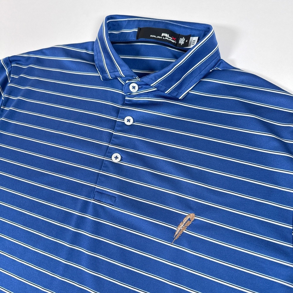 RLX Ralph Lauren Polo Shirt Mens M Blue Stripe Performance Golf Chechessee Creek